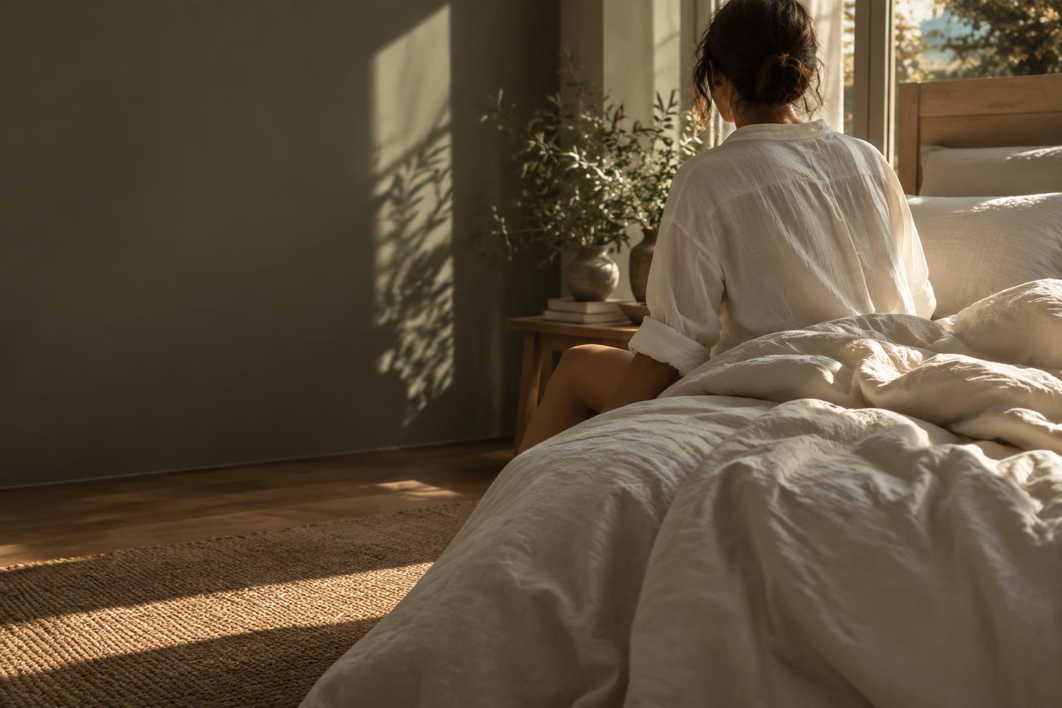A quiet sunlit bedroom with soft linen
